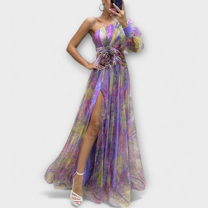 Vestido de Noche Elegante con Un Hombro y Cintura Adelgazante