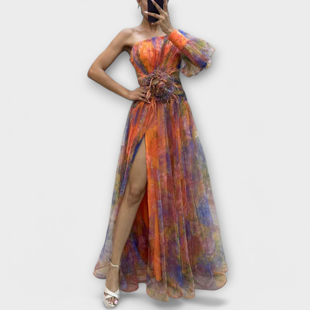 Vestido de Noche Elegante con Un Hombro y Cintura Adelgazante